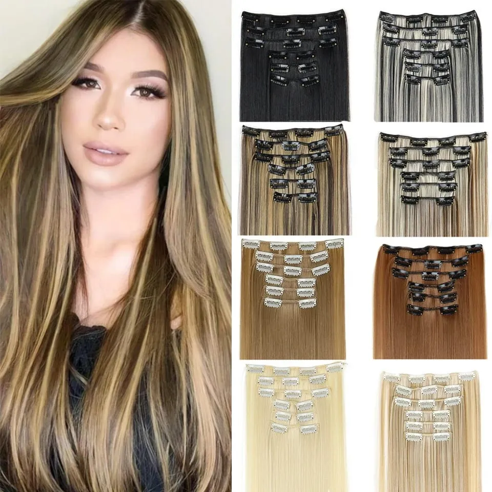 6Pcs/Set Clip In Hair Extension Synthetic Highlights Blonde Long Straight Hairpiece Full Head Thick Hairpieces for Women Girls