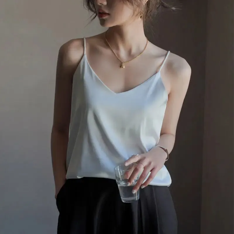 Women Halter V Neck Basic White Cami Spaghetti Strap Top Sleeveless Satin Silk 2026 Tank Tops Women'S Summer Camisole