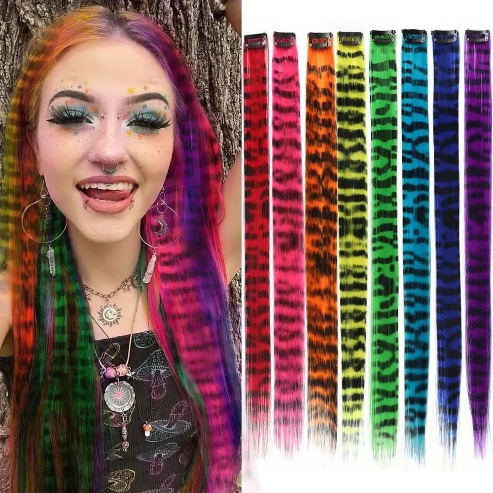 10pcs/set Stripe Printed Hair Colorful Long Straight Hair Pieces Synthetic Clip-in Hair Extensions for Daily Use Party Christmas