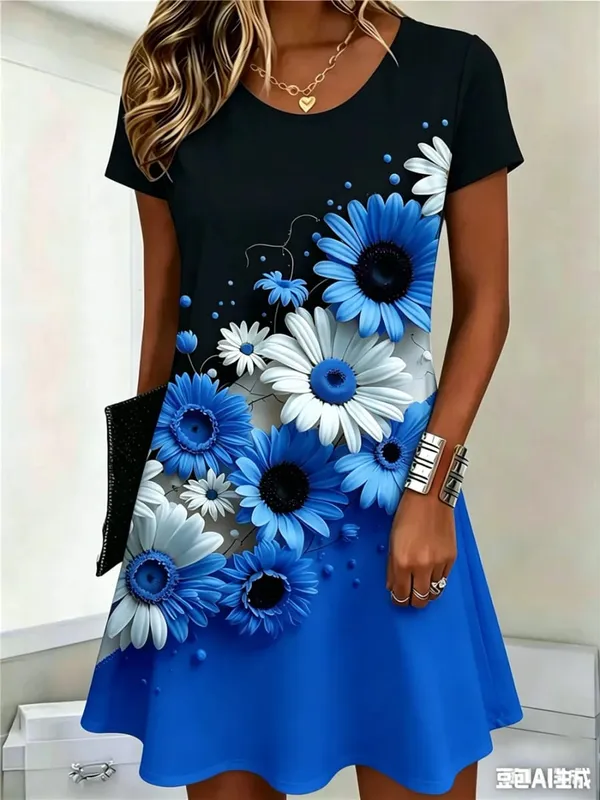 Fashion Street Floral Pattern Women Mini Dresses Summer Short Sleeve 3D Flower Printed Ladies Dress O-Neck Loose Casaul Dress — image 5