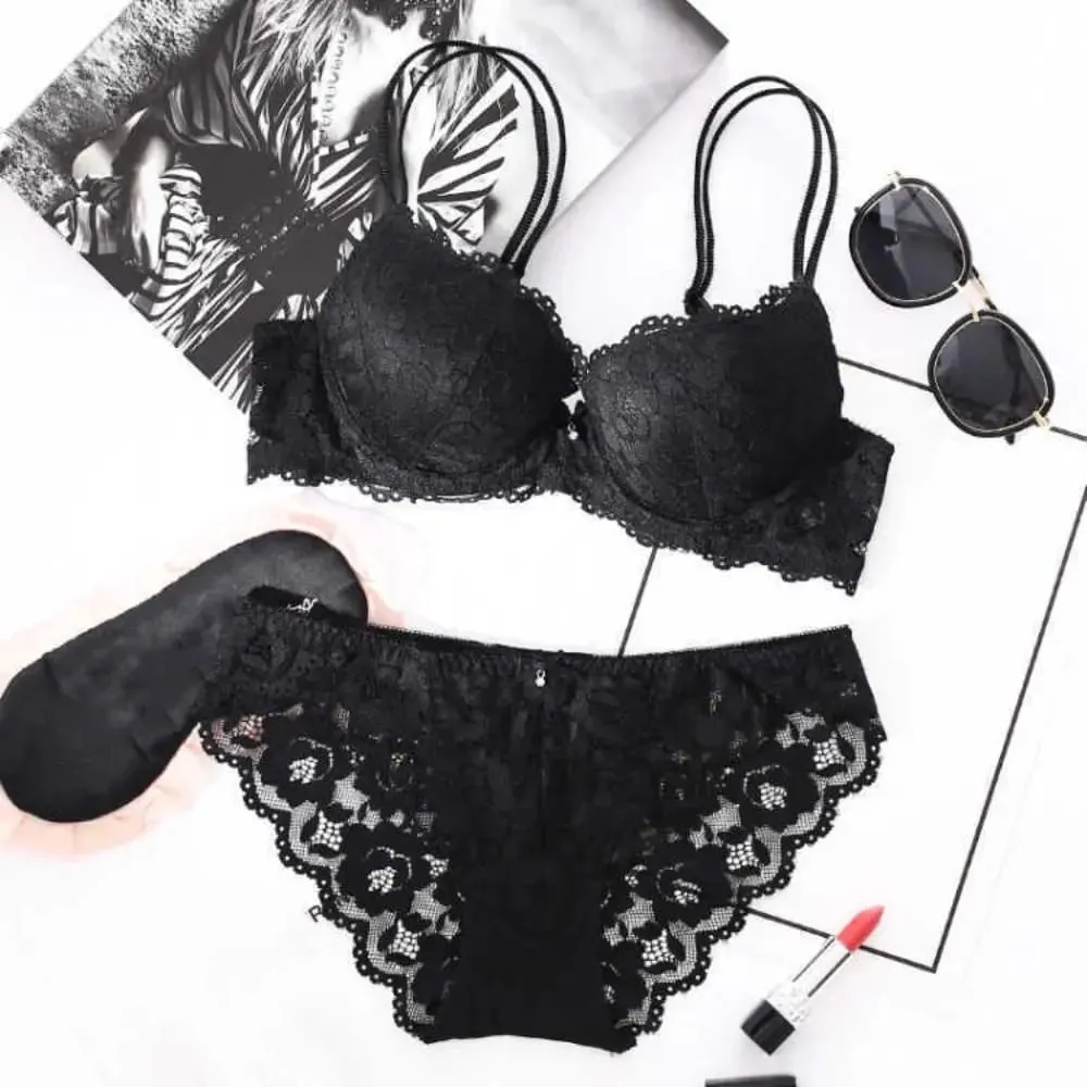 Fashion Mesh Lace Flower Bra Low Waist Bowknot Push Up Bra Women Lingerie Non Slip Bra Panties Set Girl — image 4