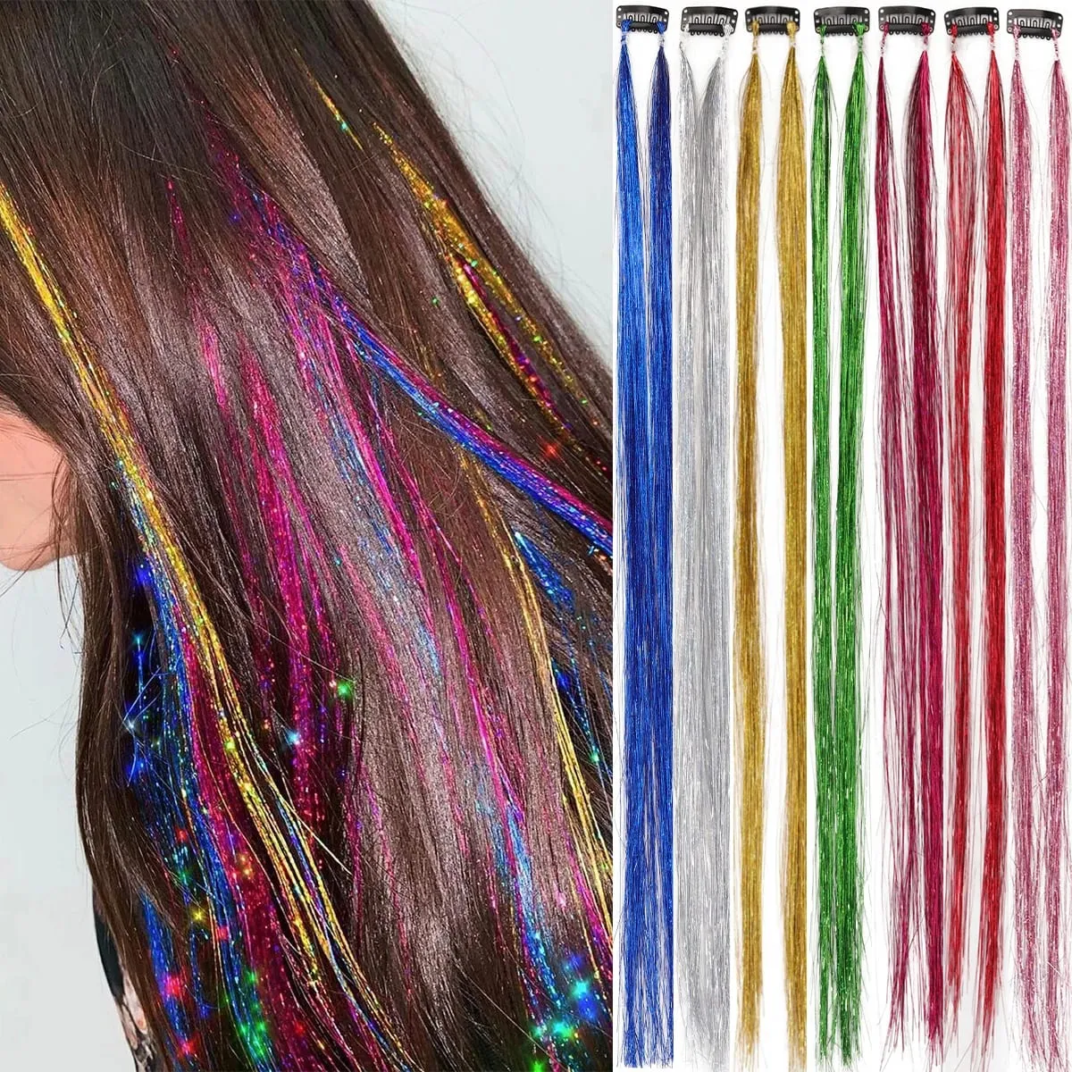 24 inch 1Pcs Colored Hair Extensions with Tinsel Long Straight Hairpiece Color Party Highlights Clip in Synthetic Hair Extension