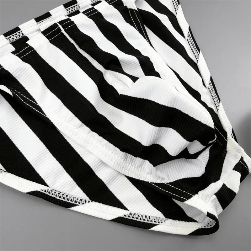 Male Striped Shiny Belt with Sexy High Fork Briefs Elastic and Comfortable Bulge Pouch Panties Quick-dry Low Waist Men Underwear