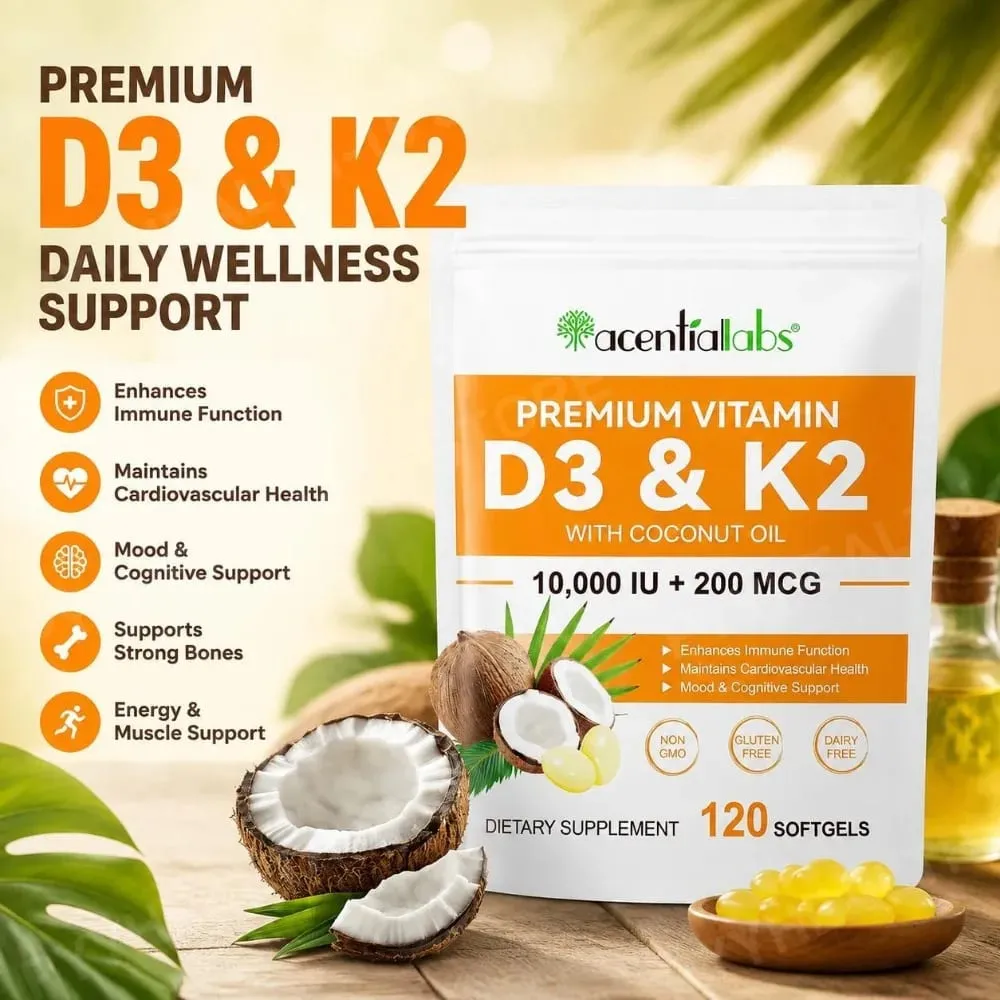 AcentiaLabs Vitamin D3 & K2 Softgels with Coconut Oil Immune Function and Bone Support Gluten Free Non-GMO 120 Softgels
