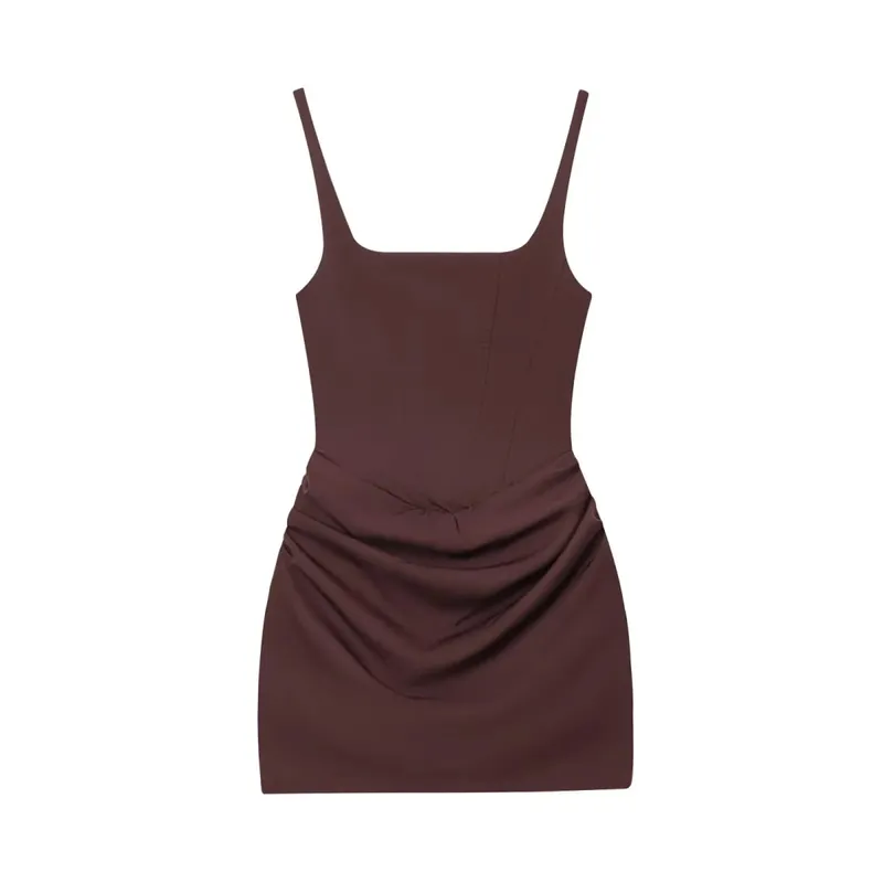 HH Women Sexy Pleated Mini Dress Square Neck Sleeveless Straps Dresses Summer Woman Vinatge Party Vacation Beach Dress Vestidos