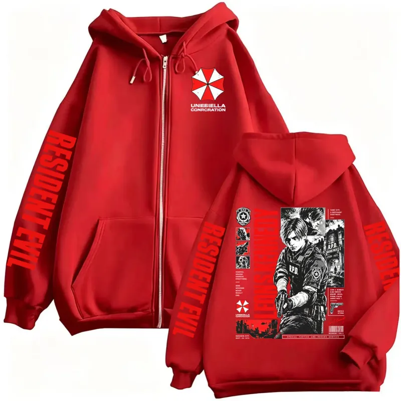 Vintage Gaming Resident Evil Leon Kennedy Zipper Hoodies Men's Fashion Classic Gothic Sweatshirts Jacket Bodywarmer Zip Up Coats