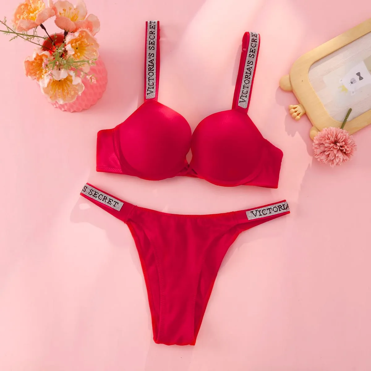 Victoria s Secret Rhinestone Logo Shoulder Straps Lace Underwear Sexy Lingerie Set Push Up Bra And Panties Set For Women — image 3