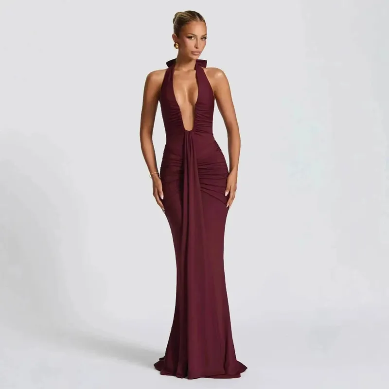 Giyu Sexy Evening Club Party Dresses Women 2025 Summer Ruched Bodycon Dress Deep V Neck Halter Draped Backless Elegant Robe — image 8