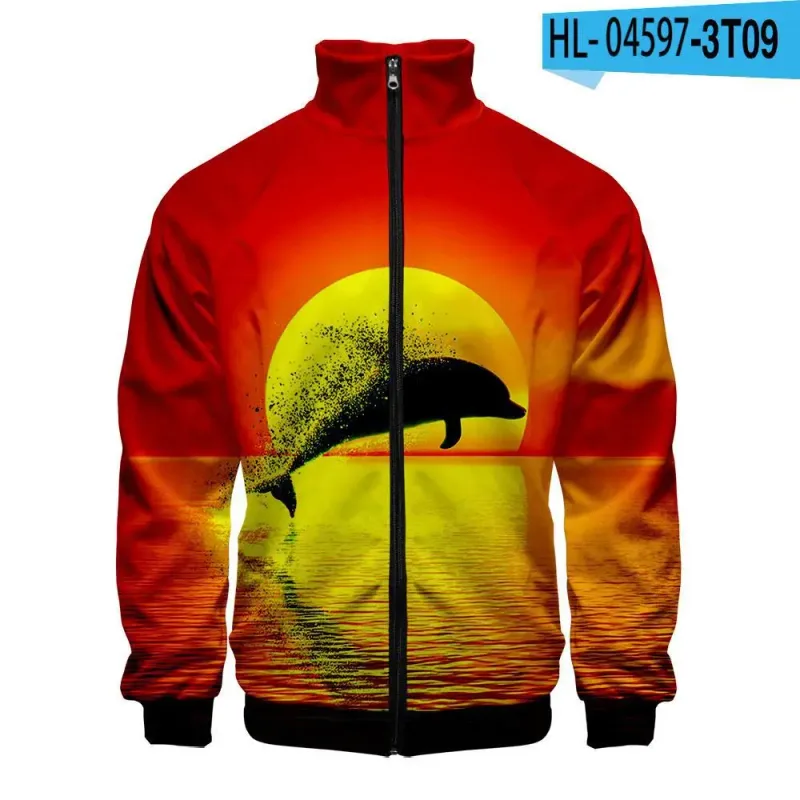 Harajuku Popular Novelty dolphin 3D Print Zipper Raglan Jacket Windbreaker Boys/Girls Comfortable Stand Collar Jackets Coats