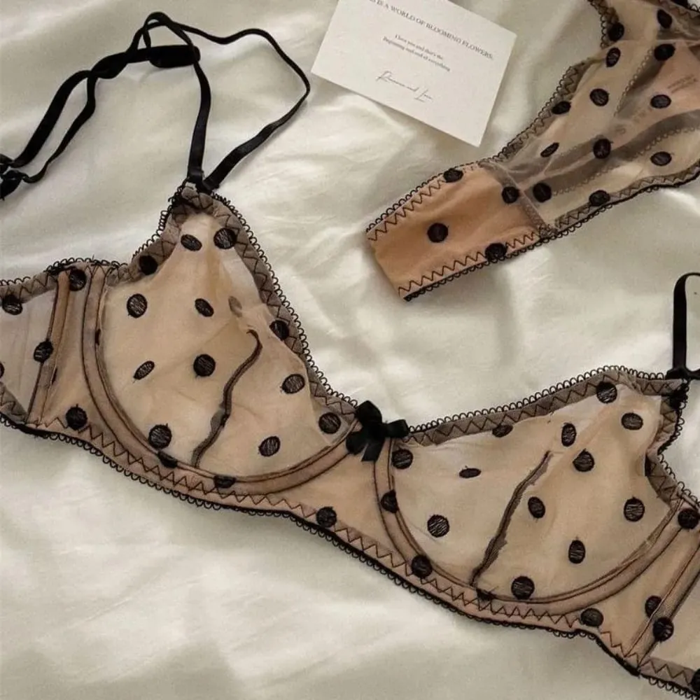 Ladies Polka Dot Lace Embroidery Bra Panty Set Soft Underwire Sheer Mesh Unlined Support Everyday Intimate Lingerie 32-38 Suit
