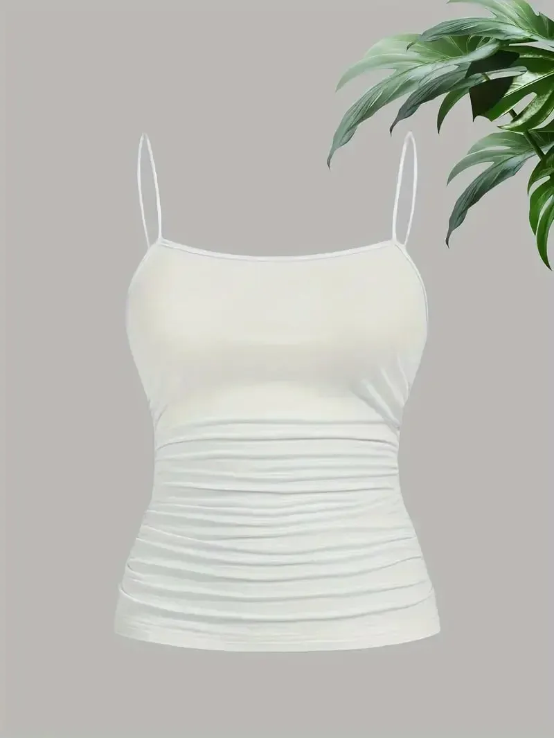 Women Elegant Thin Strap Ruched Cami Top Slim Fit Sleeveless Camisole Soft Stretch Basic Tank Vest Summer Fashion Underwear Blac