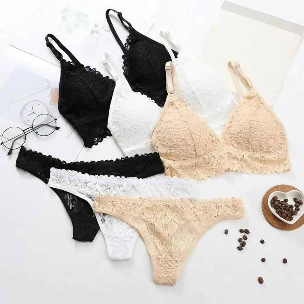 Fashion V Neck Lace Flower Bra Set Solid Color Low Waist Floral Panties Bra Kit T-Back Lingerie Lace Underwear Romantic Night