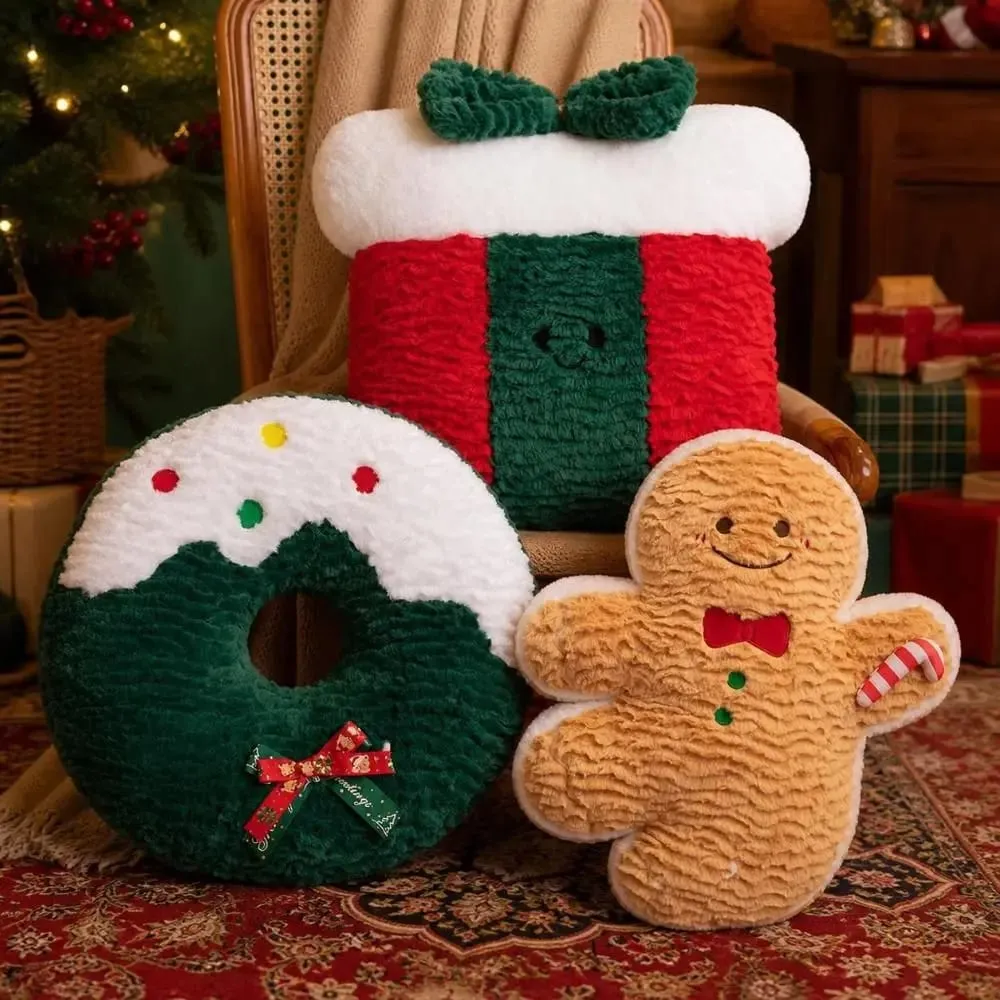 Cute Creative Shape Christmas Pillow Seasonal Pattern Soft Gingerbread Man Cushion Comfortable Waist Cushion Home Decor