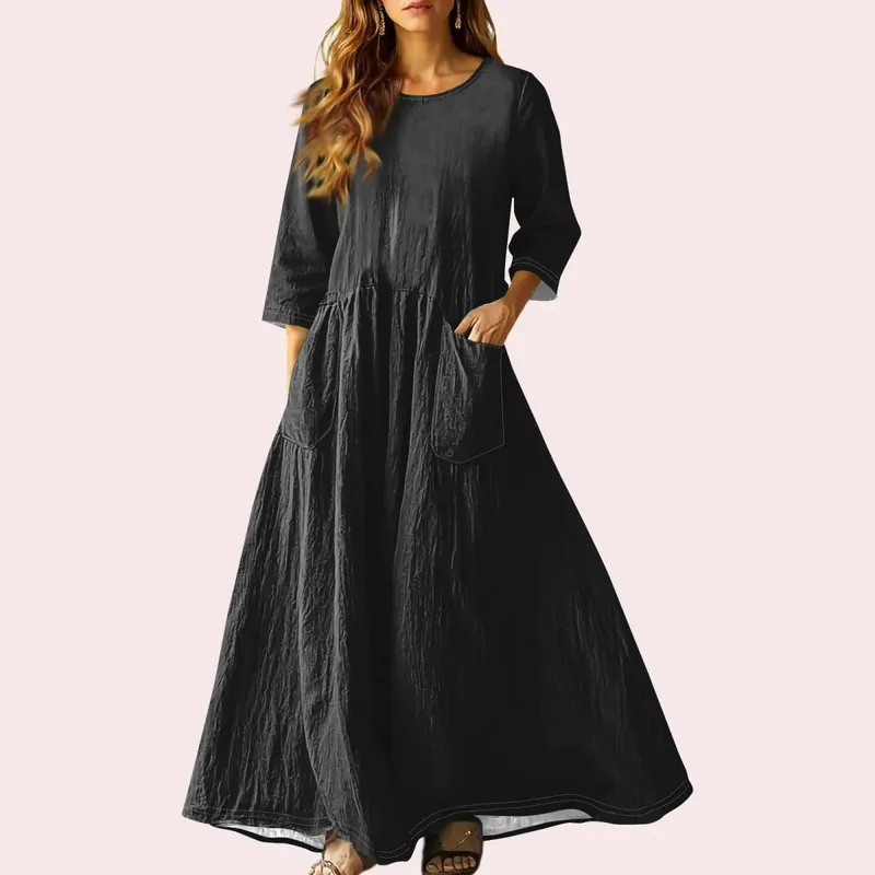 Women's Summer Loose Long Dresses Solid Color Three-quarter Sleeve Double Pocket Dress Loose Round Neck Linen Dress Vestidos