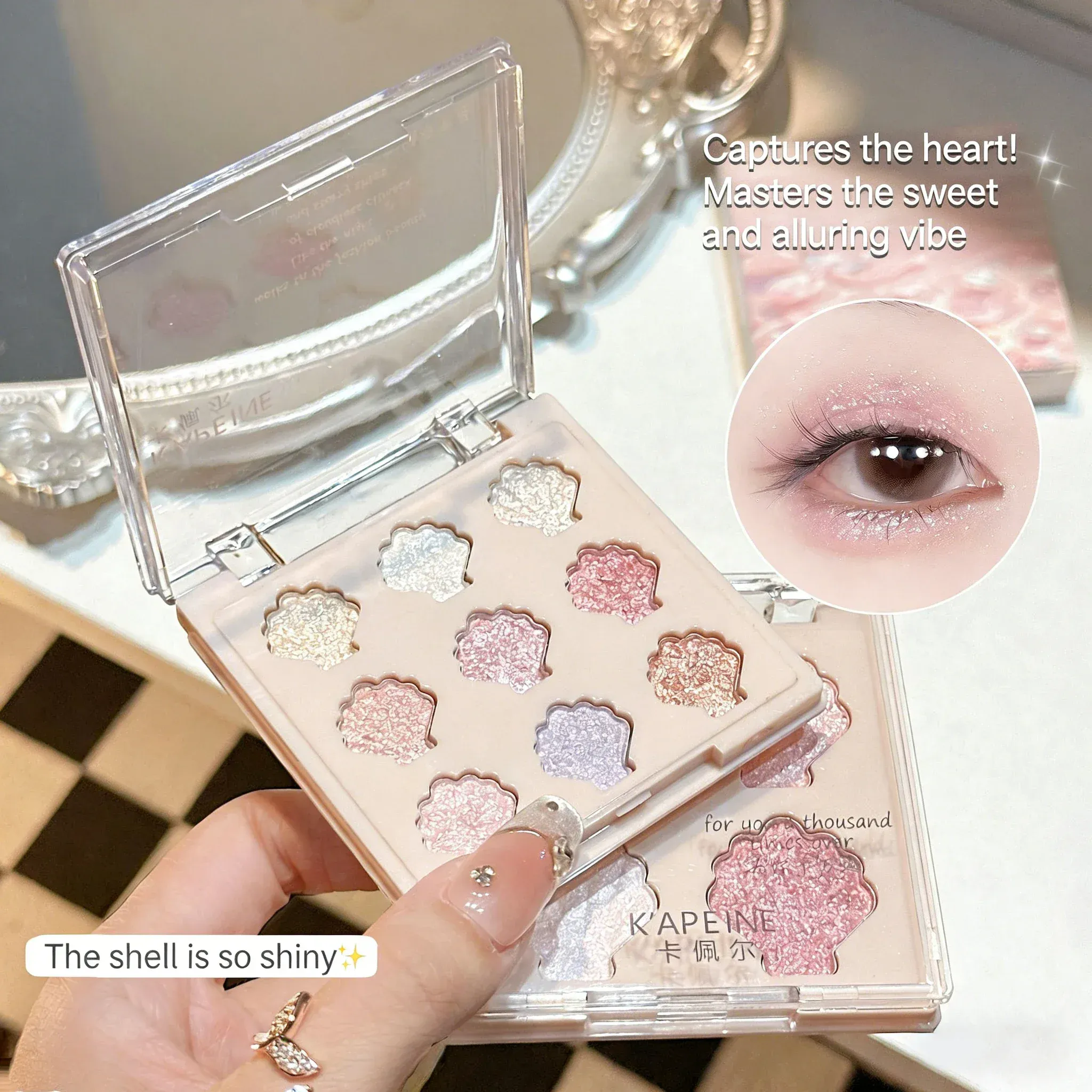 Shimmering Star Shell 9-Color Eyeshadow Palette Mermaid Sparkle Glitter Highlighter Eye Makeup for Graduation Party Glam