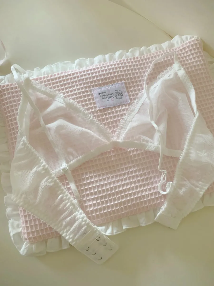Lace Bow Detail Lingerie Sweet and Girlish 100% Cotton Breathable Comfort Underwear Small Bust Bra Set Wire-Free Bras