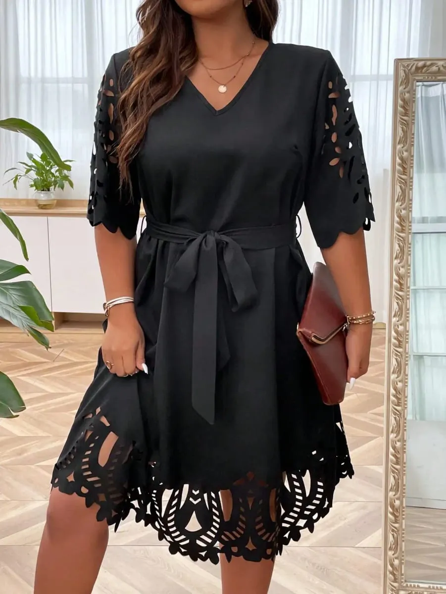 Women's Plus Size Black Cutout Lace Dress V Neck Tie Waist A-Line Mini Dress Elegant Party Casual Dress For Curvy Ladies