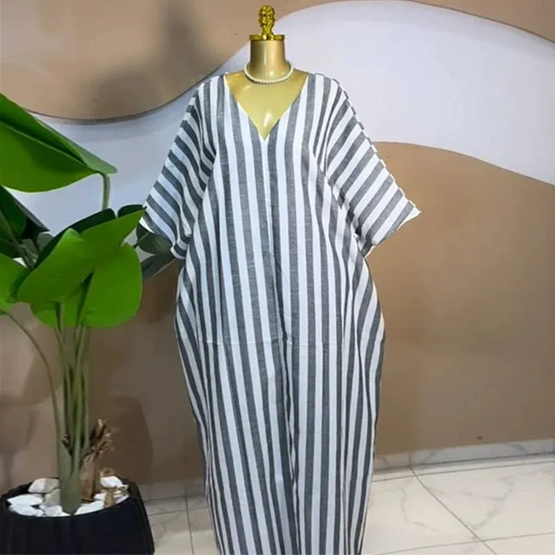 2026 Fall Holiday Half Sleeve Striped Print V-Neck Loose Long Dress Street Africa Women Party Vestidos Dresses Vestidos