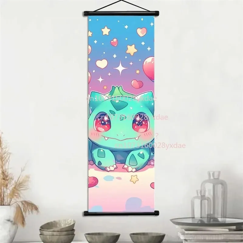 Classic Printed Pokemon Poster Cartoon Wall Artwork Gengar Squirtle Bulbasaur Pikachu Hanging Scroll Family Room Decoration