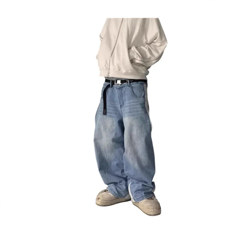 Wide Leg Jeans Men Straight Pants Vintage Patchwork Washed Distressed Mid Waist Pockets 2025 Streetwear Denims Loose Trousers