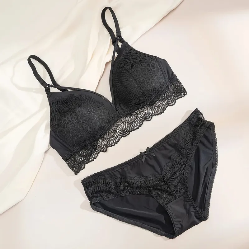 Women Wireless Lace Bra Briefs Set Adjustable Thin Straps Soft Breathable Daily Lingerie Suit 3 Colors Available