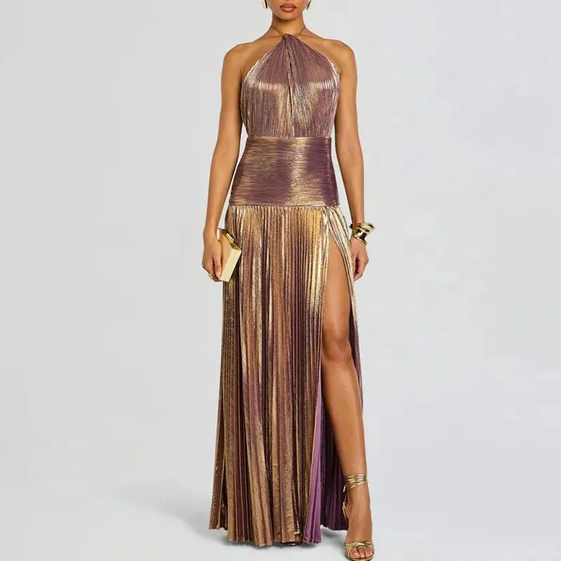 ทองเซ็กซี่ Halter สูงแยกชุดราตรีผู้หญิง Chic Solid Hollow จีบยาวชุดฤดูใบไม้ผลิฤดูร้อน Backless Zip Maxi ชุด
