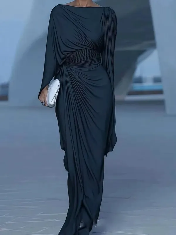 Elegant High Waist Solid Color Banquet Dress Lady Leisure Irregular Long Sleeve Dress Sexy Slash Collar Pleat Slim Evening Dress