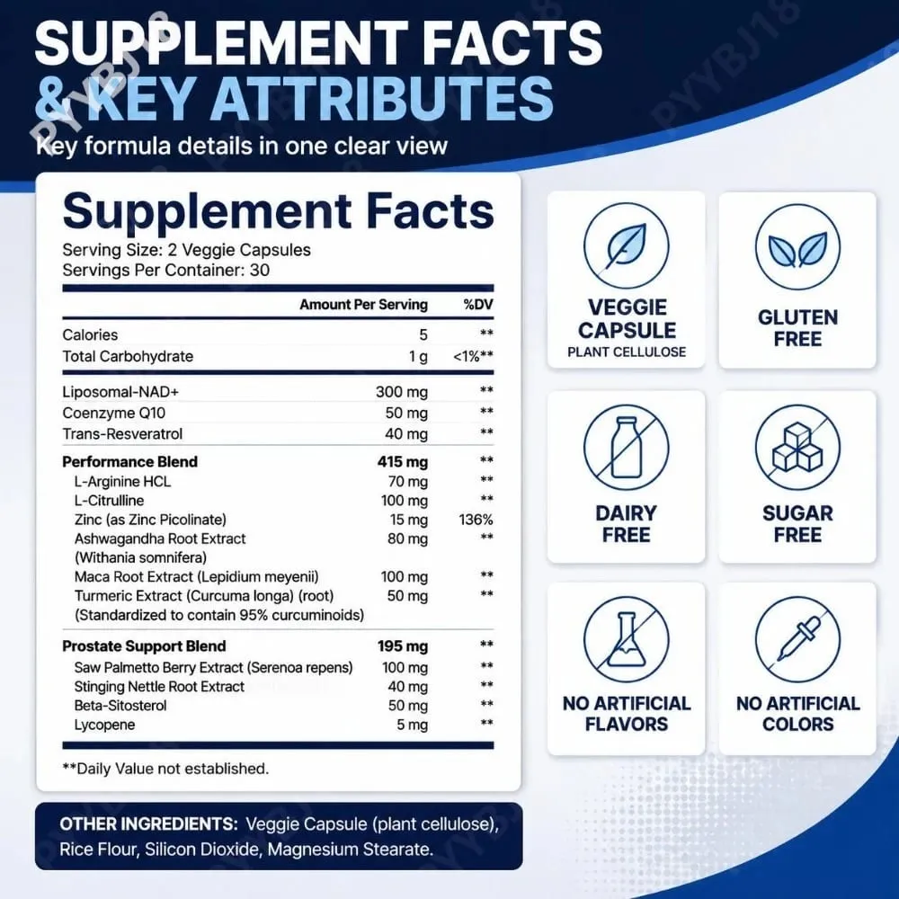 NAD+ Men's Complex Capsules 1000mg with CoQ10 Resveratrol Cellular Energy & Vitality Supplement Supports Muscle Health 60 Count — image 3