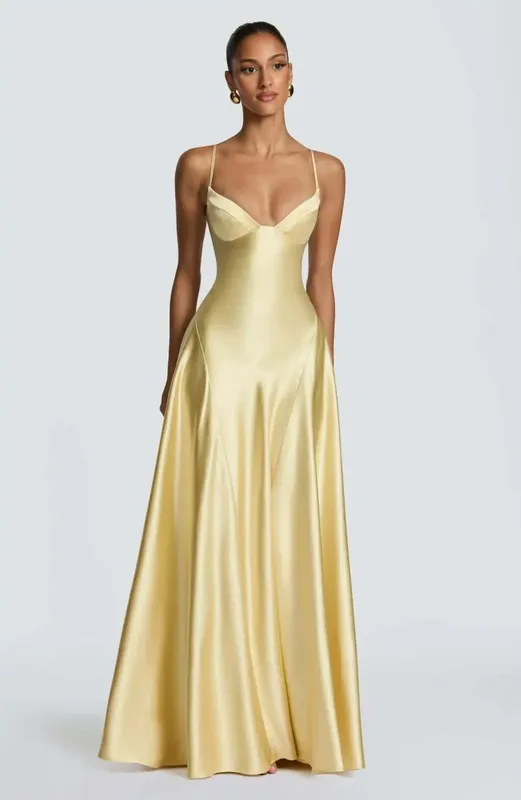 Butter Yellow Women Satin Slip Maxi Dress Elegant Spaghetti Strap A-line V Neck Waist-cinching Summer Lady Formal Evening Gown