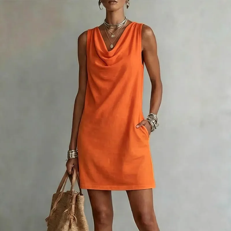 Women Casual Loose V-Neck Sleeveless Pocket Ruffles Dress Spring Summer Vest Tank Midi Dresses