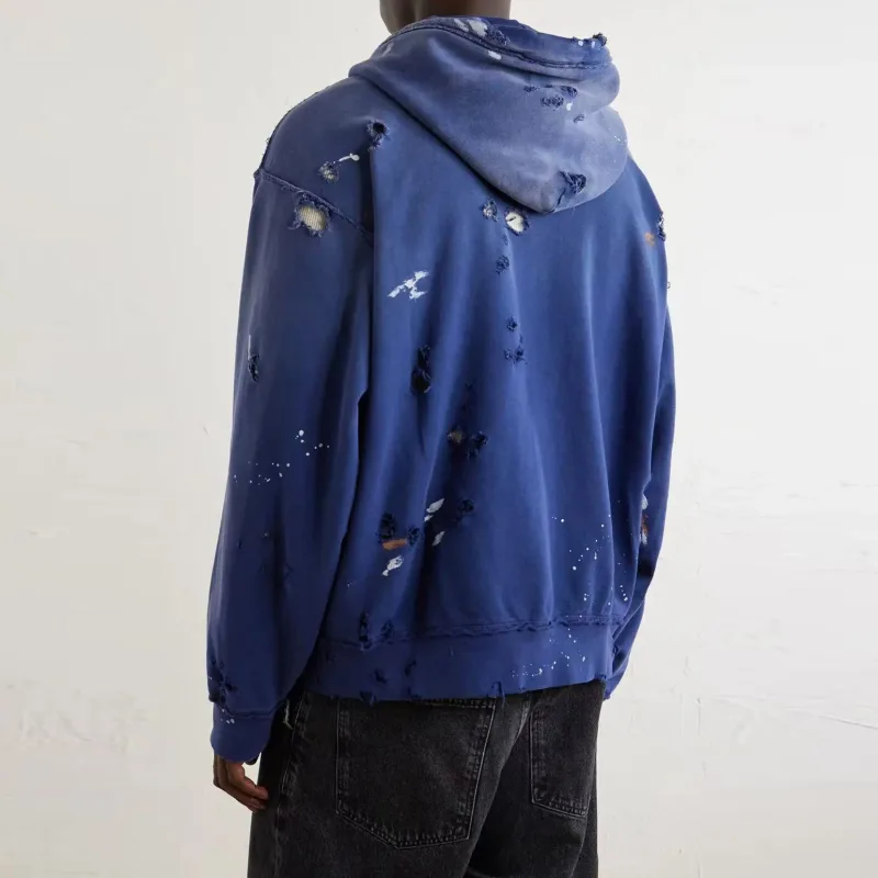 High Street Washed Retro Distressed Ink Splatter Zipper Hooded Hoodie for Men and Women Cardigan Terry Baggy Sweatshirts
