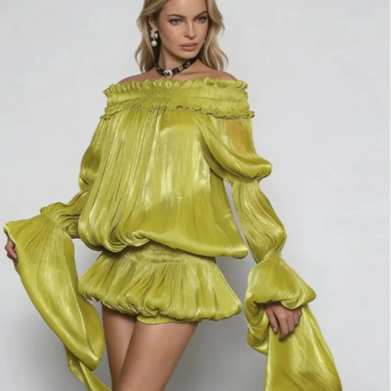 Chic Lime Green Off Shoulder Mini Dress Oversized Flare Sleeve Shiny Smocked Waist Bubble Hem Skirt Sexy Party Date Wear New