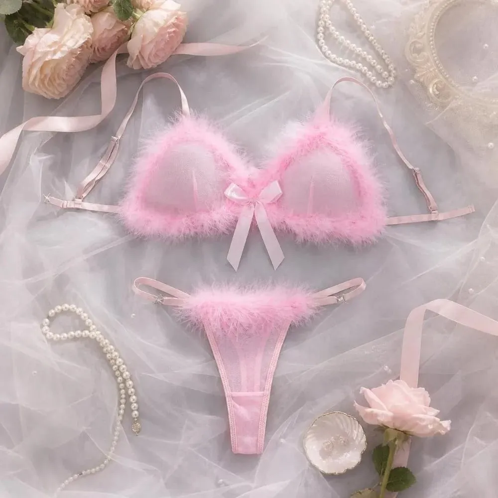 Underclothes Furry Women's Underwear Wireless Mesh Transparent Lingerie Set Bow Decor Romantic Intimate Bra Panties Suit Home — image 2