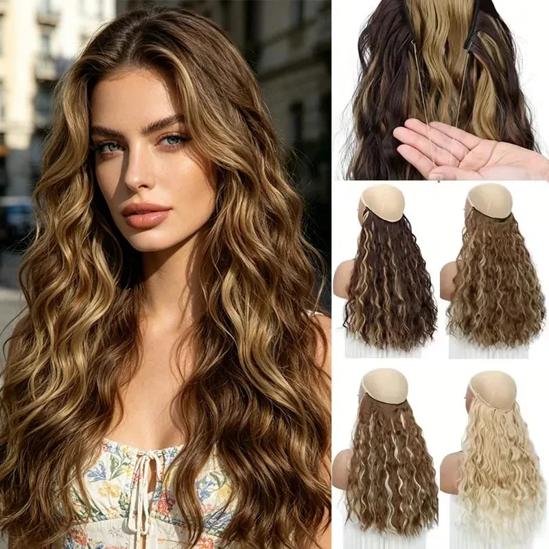 18Inch Synthetic Long Wavy Culry Fluffy Hair Extensions Invisible Fishing Line Soft Hair Pieces for Women Daily Wear — image 1