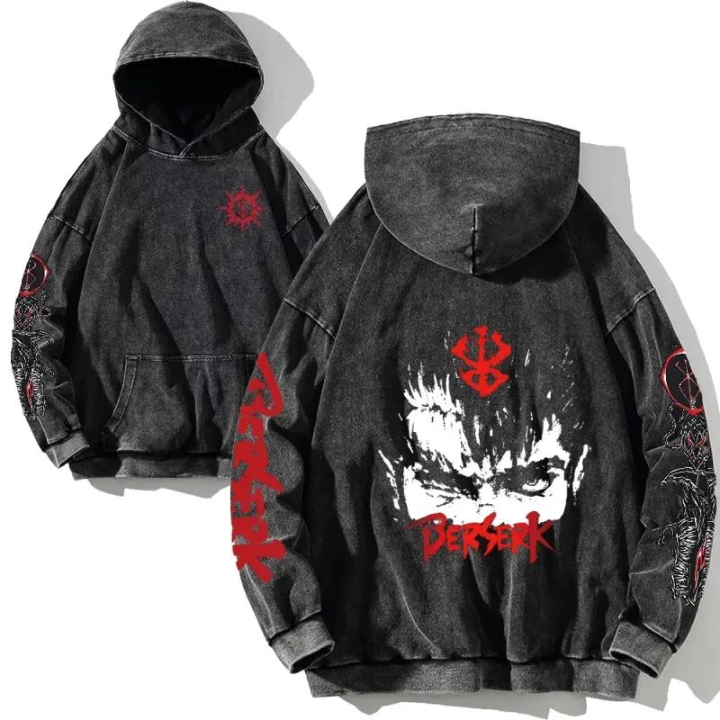 Support Custom Anime Berserk Graphic Hoodies Vintage Washed Oversized Hooded Cool Long Sleeves Cotton Hoodie Men Women Clothes