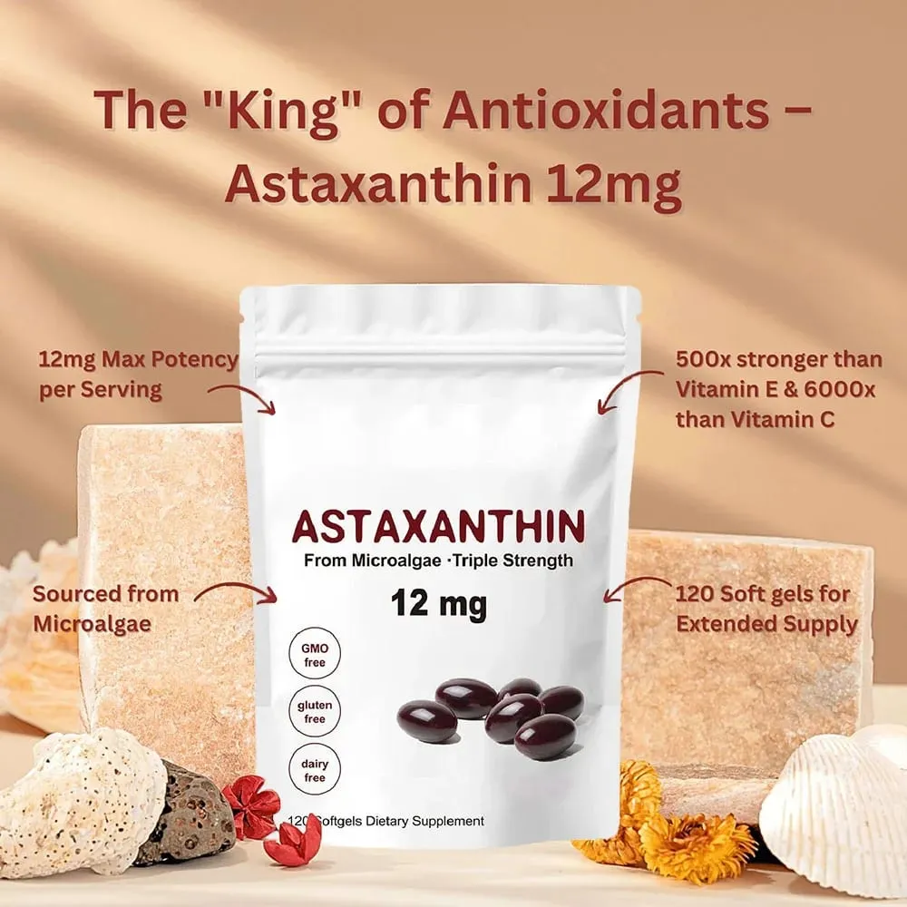 Triple Strength Astaxanthin 12mg - Natural Astaxanthin Antioxidant Supplement Non-GMO Verified & Gluten Free - 120 Softgels — image 1