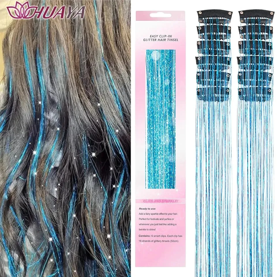 12Pcs/set Hair Tinsel Clip in Glitter Tinsel Hair Extensions Synthetic Shiny Sparkling Fairy Hair Tinsel Party Hair Accessories