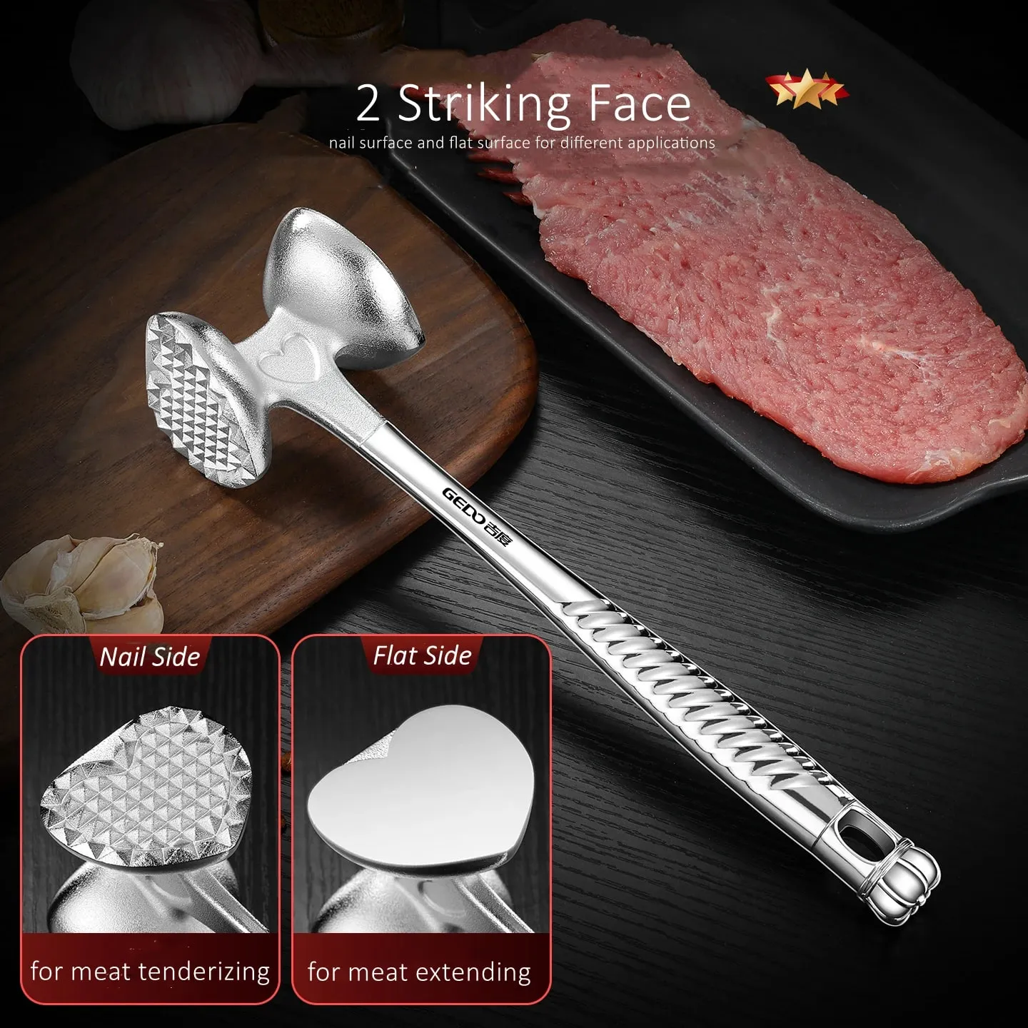 LFGB Certification Solid Alloy Meat Mallet 30° Tilt Ergonomic Strike Surface Steak Tenderizer Efficient Kitchen Cooking Tool