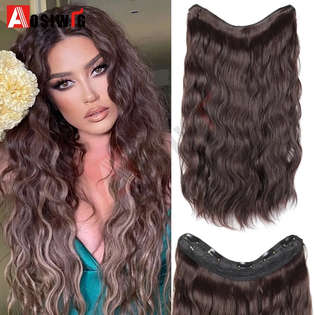 20Inch Synthetic Long Wavy Curly 5 Clip in Hair Extension Fashion Invisible V-shaped Heat Resistant Black Hairpiece for Women