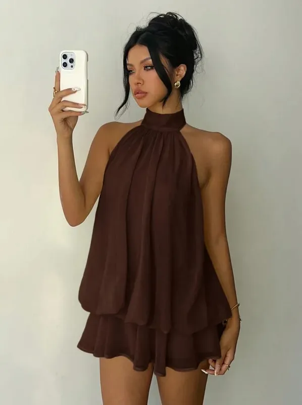 Women's Vacation Slim Fit Fashion Sexy Backless Halter Tie Waist Versatile Solid Color Dress Stylish and Comfortable Summer