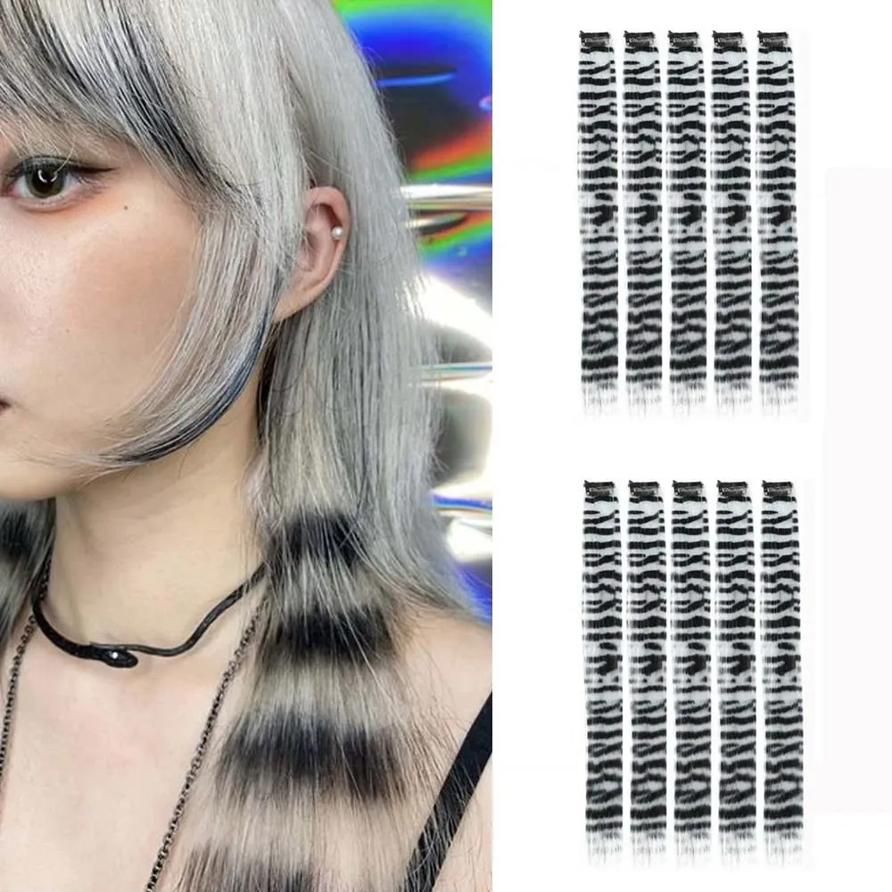 10pcs/set Stripe Printed Hair Colorful Long Straight Hair Pieces Synthetic Clip-in Hair Extensions for Daily Use Party Christmas