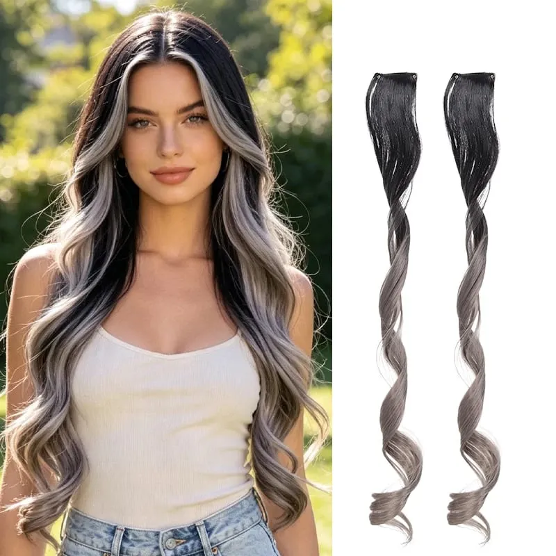 Gradient Wave Clip - in Hair Extensions 2pcs Synthetic Fiber Color - Blocked Tassel Ear - Side Dyeing for Daily Party Cosplay