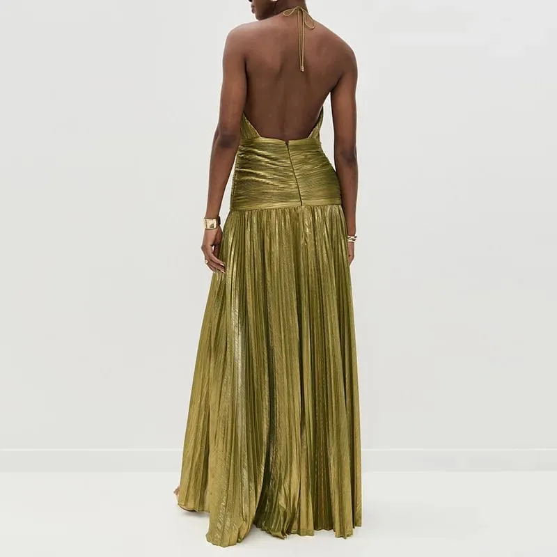 ทองเซ็กซี่ Halter สูงแยกชุดราตรีผู้หญิง Chic Solid Hollow จีบยาวชุดฤดูใบไม้ผลิฤดูร้อน Backless Zip Maxi ชุด