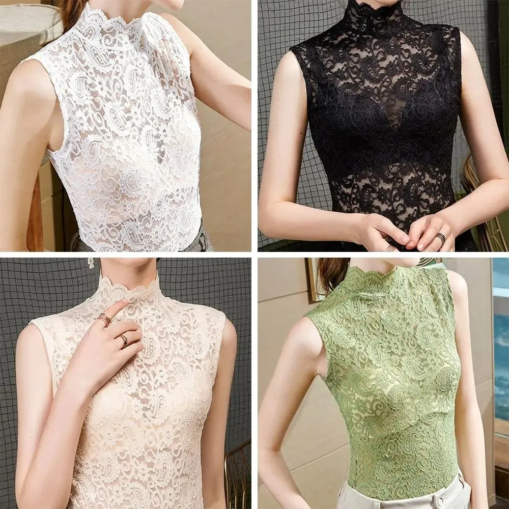 Elegant Half High Collar Floral Tank Tops Hollowed-out Black White T Shirt Sleeveless Vest Women Girls