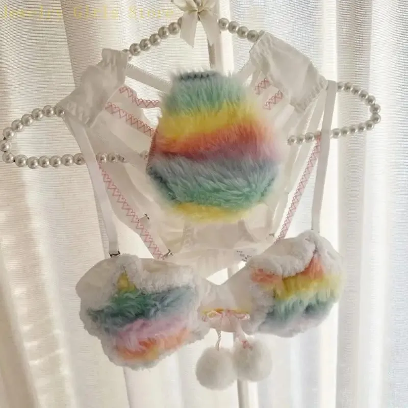 Aesthetic Rainbow Star Plush Bra and Panty Set for Women Brassiere Lingerie Furry Underwear Anime Cosplay Outfit 2 Piece