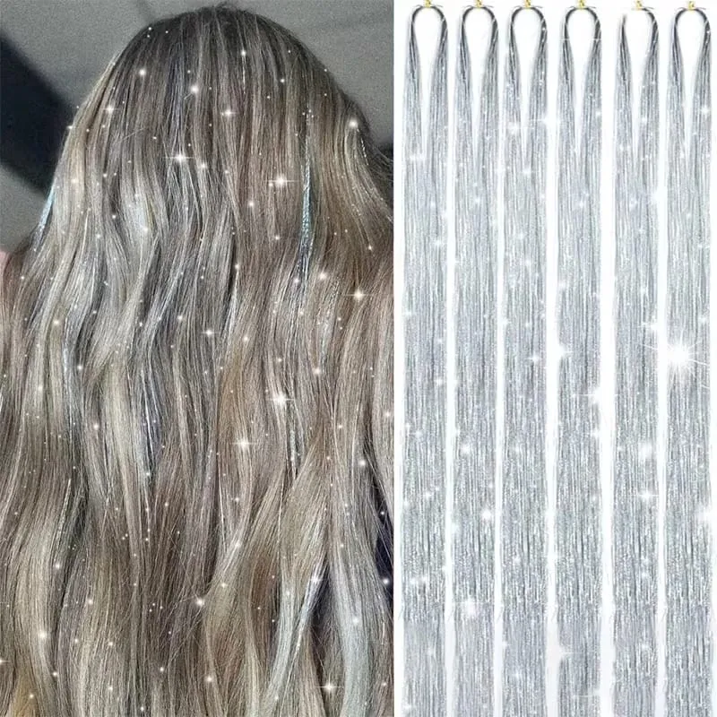 6pcs/set 38Inch Long Sparkling Fairy Hair Tinsel Rainbow Extensions Suitable for Braids Ponytails Shiny Strands Accessories