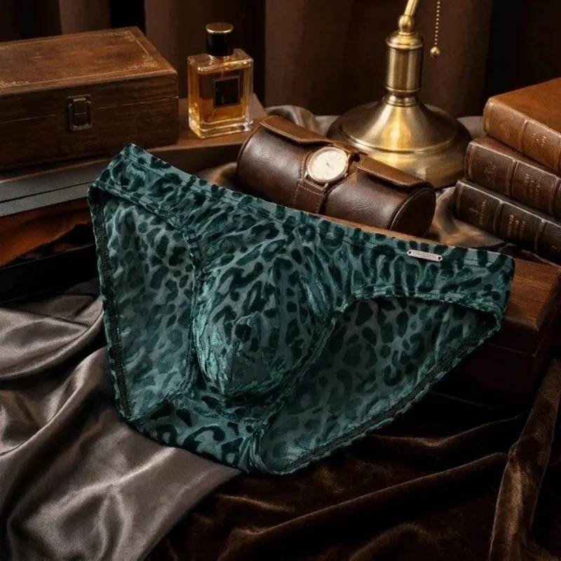 Quick Dry Ice Silk Men Briefs Lingerie Low Waist Sheer Underwear Convex Pouch Transparent Leopard Print Panties Male