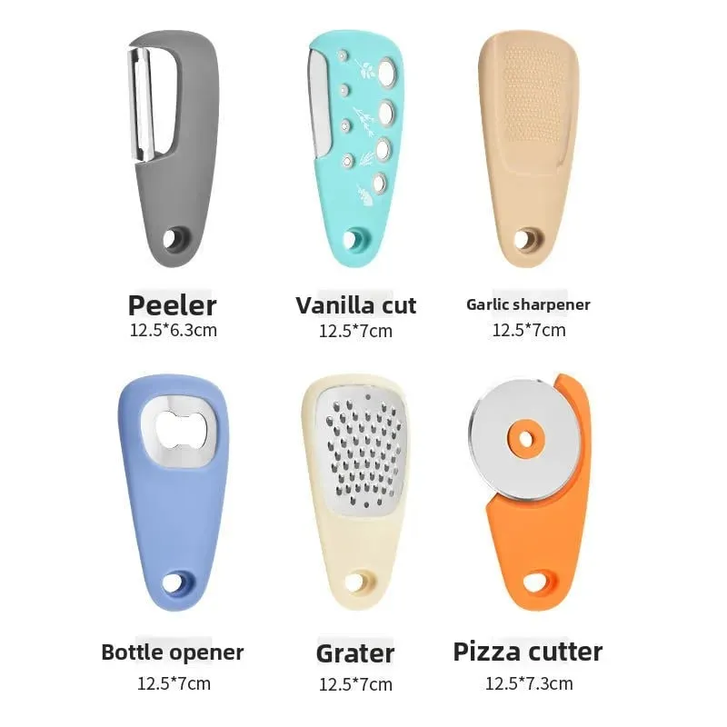 Küchenhelfer-Set bestehend aus 6-teiligem Pizzamesser, Vanilleschneider, Abfüller, Zerkleinerer, Knoblauchmühle