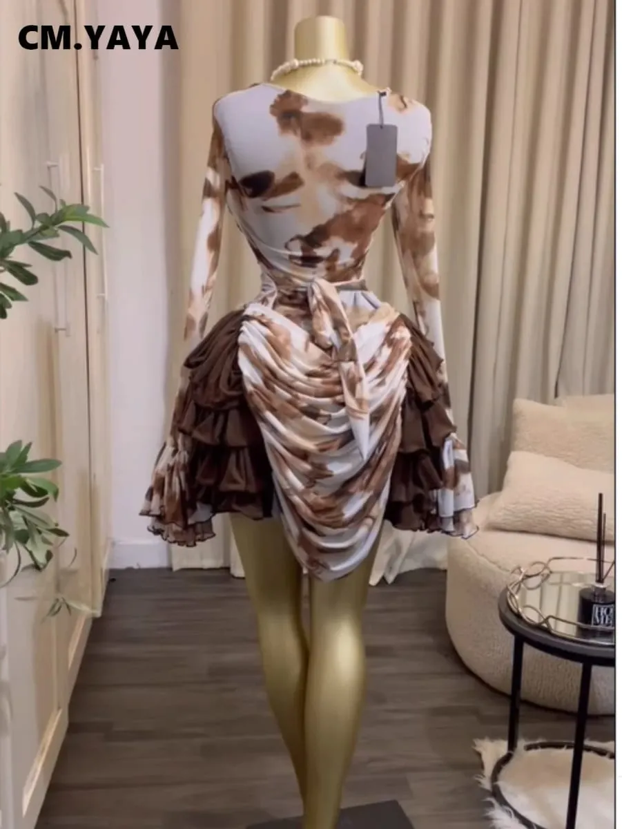 CM.YAYA Kvinder Tie Dye Print Cascading Flæser Bell Langærmet Bodycon Ruched Draperet V-hals Kjole Ferie Strand Ferie Kjoler — image 5