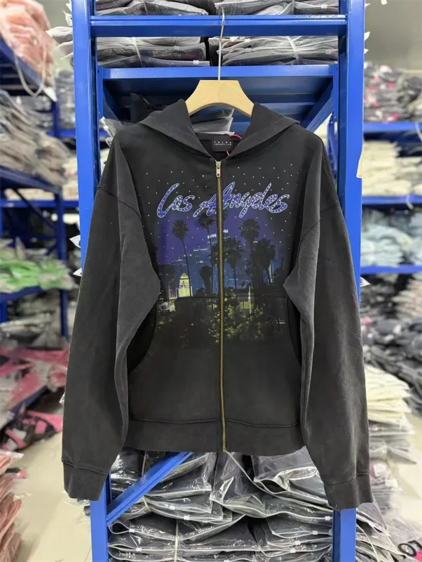 False Rhinestone Starry Sky Pattern Print Washed Zipper Loose Hoodie Street Casual Cotton Versatile Sports Trendy Sweatshirt